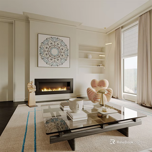 Elegant Living Room Interior With Fireplace Decorative Painting Open Shelves Designer Chair Glass Coffee Table 3d model 