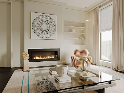 Elegant Living Room Interior With Fireplace Decorative Painting Open Shelves Designer Chair Glass Coffee Table 3d model