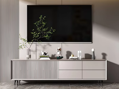 Modern TV Stand With Drawers And Decorative Items On Vertical Striped Wall 3d model
