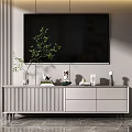Modern TV Stand With Drawers And Decorative Items On Vertical Striped Wall