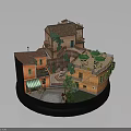 Miniature Architectural Model With Traditional Houses Courtyard Green Plants Awnings And Terraces