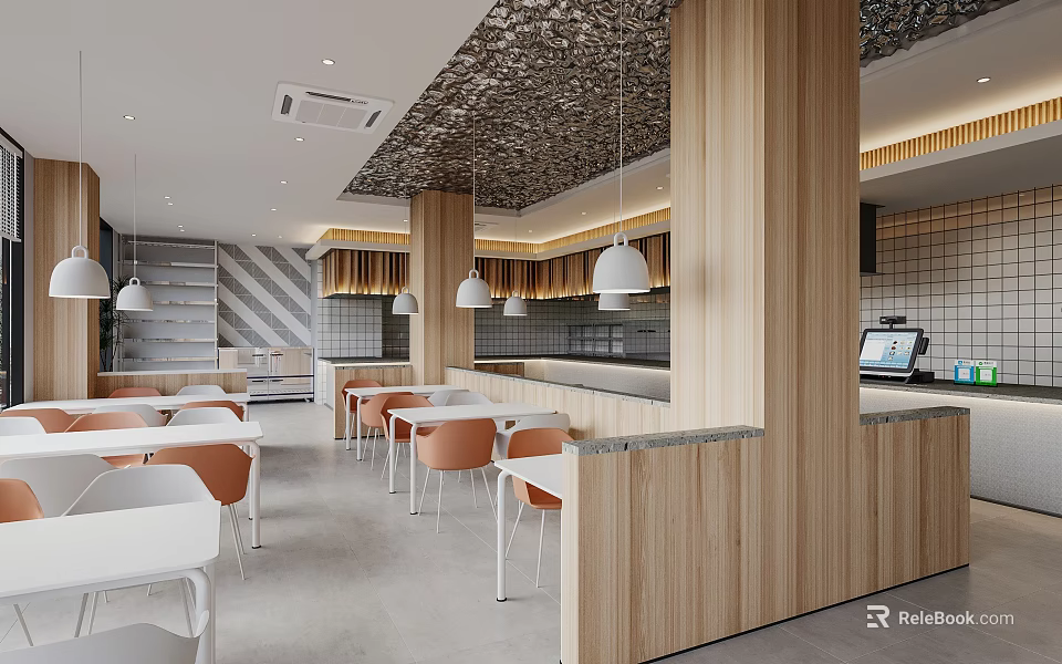 Modern Restaurant Interior Design With Wooden Counter White Tables Orange Chairs And Pendant Lights 3d model 