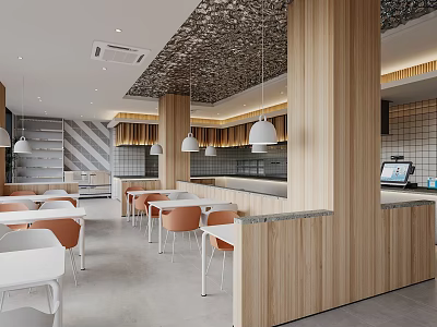 Modern Restaurant Interior Design With Wooden Counter White Tables Orange Chairs And Pendant Lights 3d model