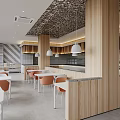 Modern Restaurant Interior Design With Wooden Counter White Tables Orange Chairs And Pendant Lights