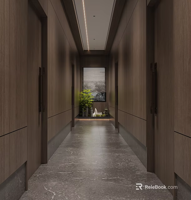 Modern Hotel Corridor With Wooden Walls Gray Floor Green Plant And Ceiling Lighting 3d model 
