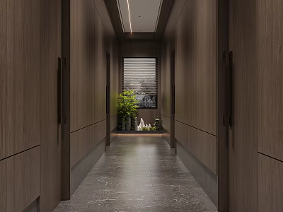 Modern Hotel Corridor With Wooden Walls Gray Floor Green Plant And Ceiling Lighting 3d model