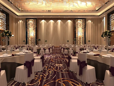 Elegant Banquet Hall With Decorated Tables White Tablecloths Purple Chair Bows And Ornate Chandeliers 3d model