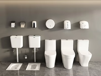 Modern White Toilets With Sinks And Wall Accessories In Bathroom Setting 3d model
