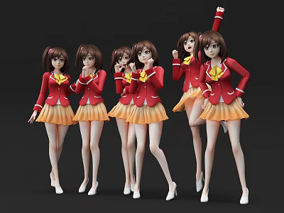 Game And Movie Characters In Red Blouses Yellow Skirts With Brown Pigtails And Various Poses 3d model