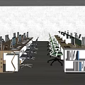 Modern Office Desk Workspace With Multiple Workstations Computers Ergonomic Chairs And Bookshelves 3d model