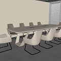 White Conference Table with Multiple Grey Chairs and Metal Legs in Minimalist Interior