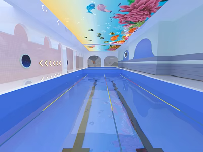 Modern Swimming Pool With Colorful Ceiling And Blue Water Design 3d model