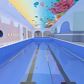 Modern Swimming Pool With Colorful Ceiling And Blue Water Design