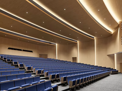 Spacious Modern Conference Room With Blue Seats And Wooden Curved Light Strips 3d model