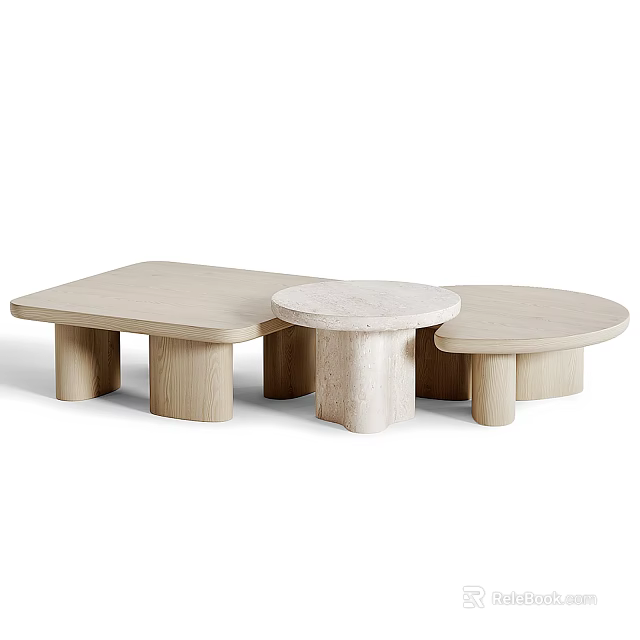 Modern Coffee Tables Set With Wooden And Marble Surfaces And Cylindrical Legs 3d model 