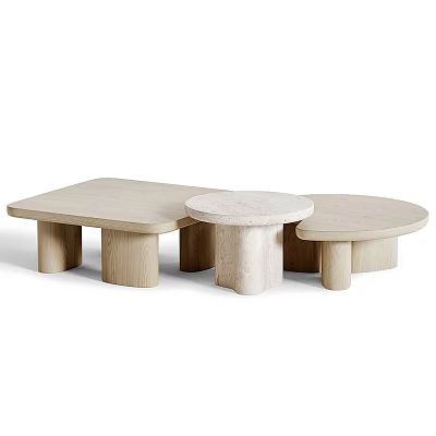 Modern Coffee Tables Set With Wooden And Marble Surfaces And Cylindrical Legs 3d model