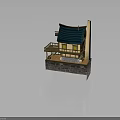 Traditional Japanese Style Wooden Building With Blue Roof Balcony And Yellow Windows On Stone Base