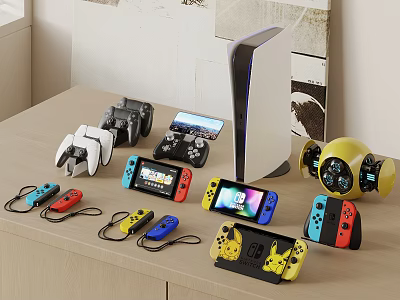 Play Equipment With Various Game Controllers Multiple Colored Consoles And Yellow Robot Device On Desk 3d model