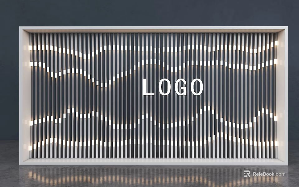 Modern Background Wall Design With Vertical Slats Wavy Lights And Central LOGO 3d model 