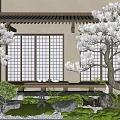 Japanese Style Garden Courtyard With White Trees Wooden Lattice Doors And Moss Covered Stones