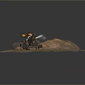 Rugged Desert Terrain With Military Vehicle Firing Missiles Kicking Up Dust Clouds