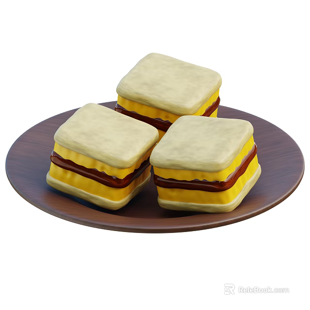Three Square Sandwiches Served On A Brown Plate With Fresh Layered Fillings 3d model 