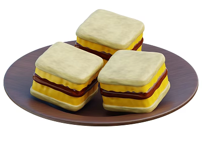 Three Square Sandwiches Served On A Brown Plate With Fresh Layered Fillings 3d model