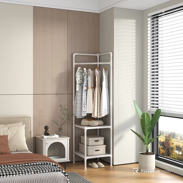 White Standing Clothes Rack With Hanging Dresses And Storage Drawers In Modern Bedroom 3d model 