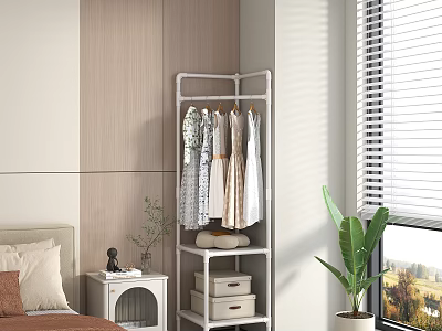 White Standing Clothes Rack With Hanging Dresses And Storage Drawers In Modern Bedroom 3d model