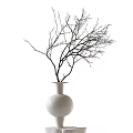 Decorative Ornament Set With White Vase Bare Branches And Stacked Stone Pedestal