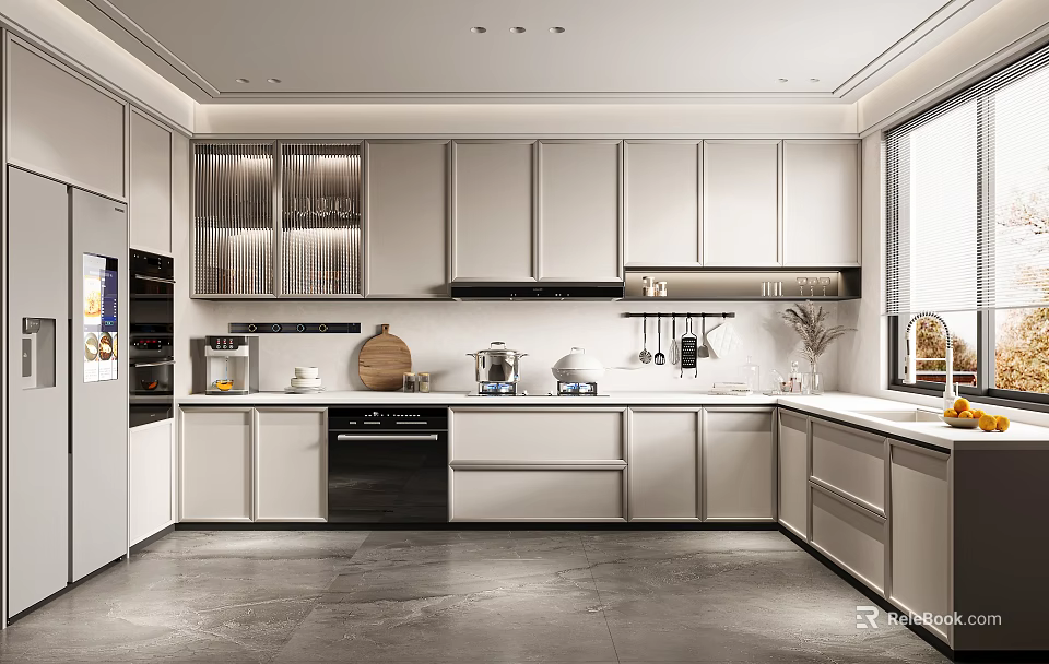 Modern Kitchen Interior With Light Colored Cabinets Appliances And Natural Light 3d model 