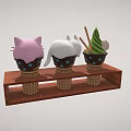 Cute Cat Shaped Ice Cream Green And Pink Flavors In Cone Cups On Wooden Stand
