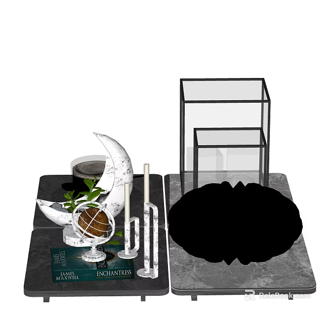 Elegant Modern Decorative Ornament Set With Moon Shape Ornament Glass Vase Green Plant And Geometric Frame 3d model 