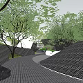 Serene Garden Landscape With Winding Brick Pathway Lush Green Trees And Large Rocks