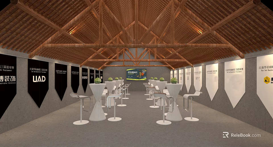 Natural Style Banquet Hall with Wooden Roof White High Top Tables and Large Screen 3d model 