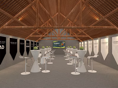 Natural Style Banquet Hall with Wooden Roof White High Top Tables and Large Screen 3d model