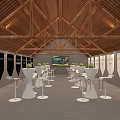 Natural Style Banquet Hall with Wooden Roof White High Top Tables and Large Screen