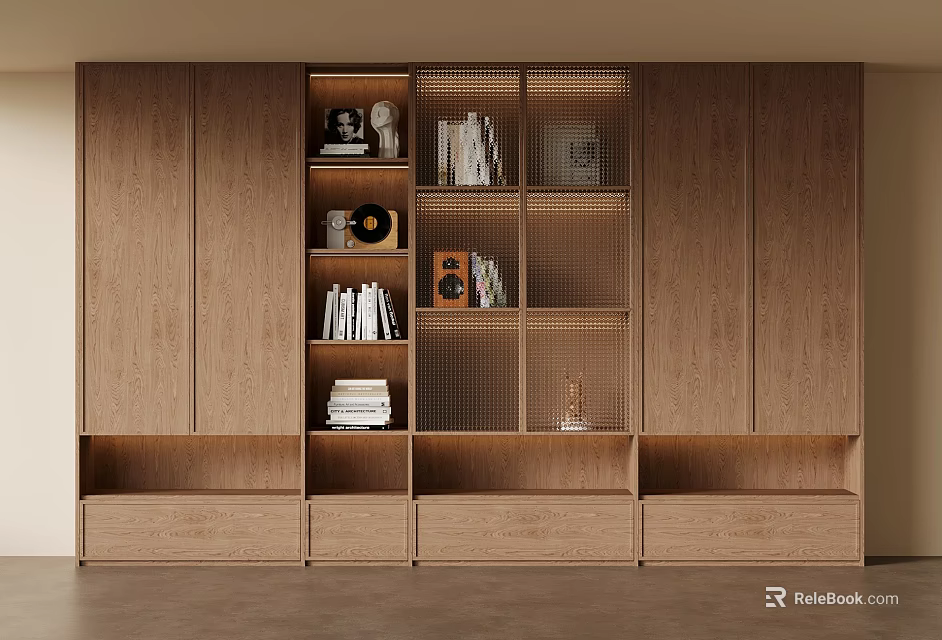 Modern Wooden Bookcase Interior Design With Multiple Shelves And Storage Space 3d model 