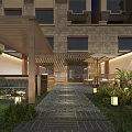 Modern Garden Landscape At Night Featuring Wooden Screen Mountain Pattern Green Plants And Lanterns