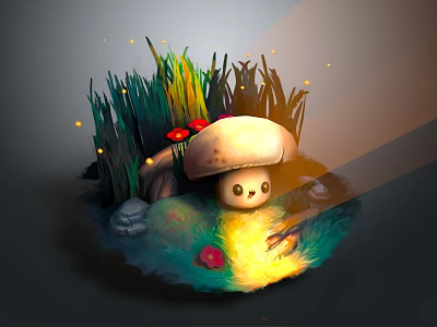 Adorable Game Character With Mushroom Hat Glowing Yellow Body Surrounded By Grass Flowers And Stones 3d model