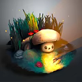 Adorable Game Character With Mushroom Hat Glowing Yellow Body Surrounded By Grass Flowers And Stones