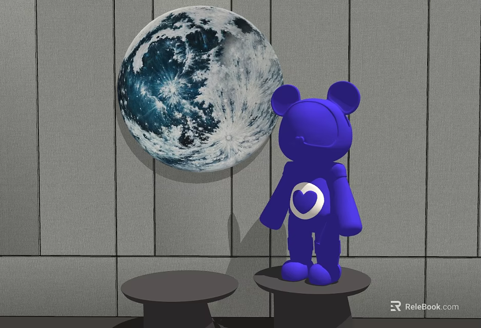 Blue Bear Doll With White Heart On Chest On Black Platform By Moon Decoration 3d model 