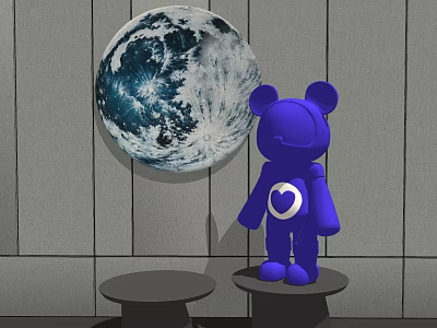 Blue Bear Doll With White Heart On Chest On Black Platform By Moon Decoration 3d model