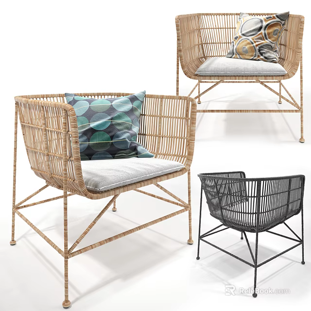 Stylish Wicker Leisure Chairs With Light Brown And Black Frames And Patterned Cushions 3d model 