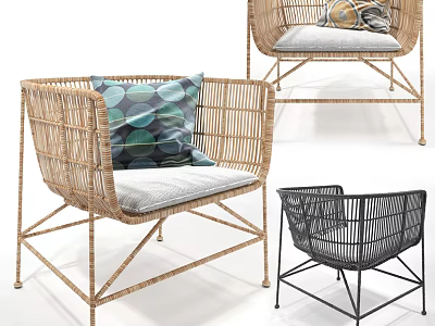 Stylish Wicker Leisure Chairs With Light Brown And Black Frames And Patterned Cushions 3d model