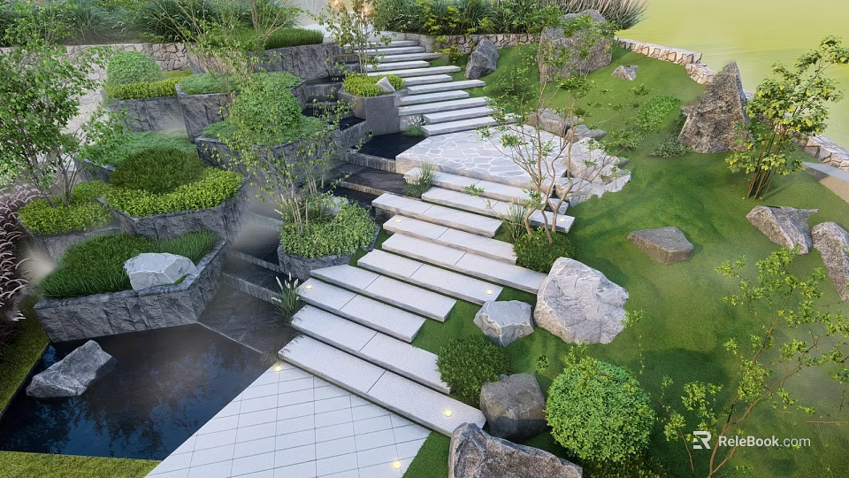 White Stone Steps Garden Landscape With Lush Greenery Flowing Stream And Natural Rocks 3d model 