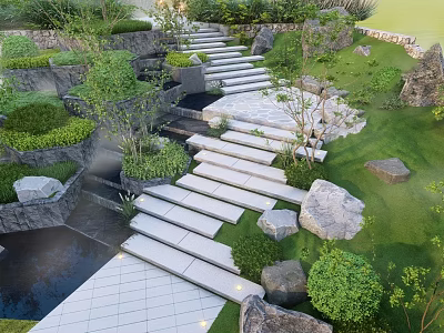 White Stone Steps Garden Landscape With Lush Greenery Flowing Stream And Natural Rocks 3d model
