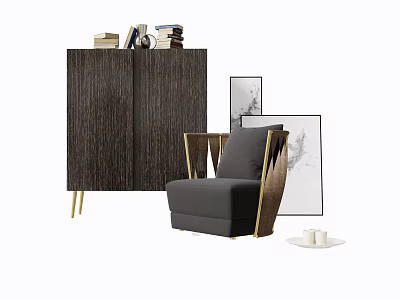 Gray Single Sofa With Gold Armrests And Wooden Cabinet Decorative Paintings Books 3d model