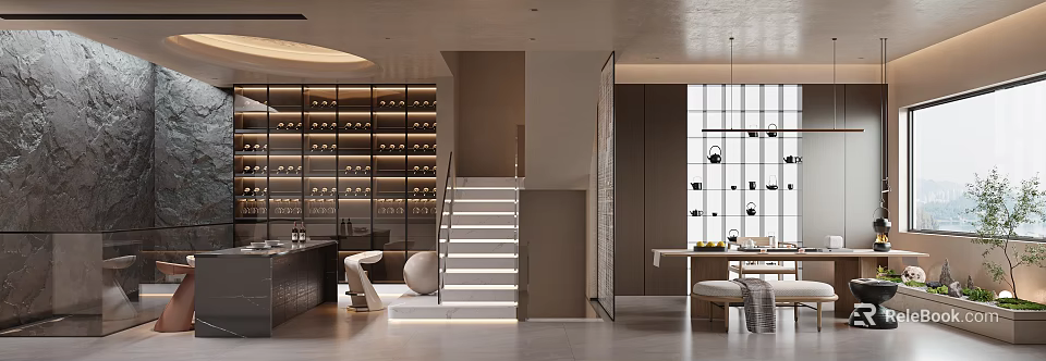 Modern Wine Cellar Interior Design With Wine Racks Staircase Bar Counter And Lighting 3d model 