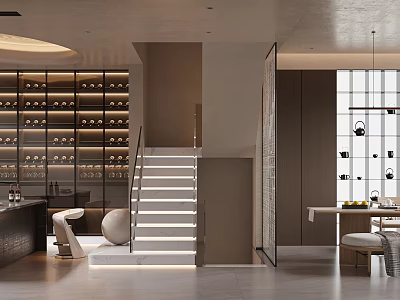 Modern Wine Cellar Interior Design With Wine Racks Staircase Bar Counter And Lighting 3d model